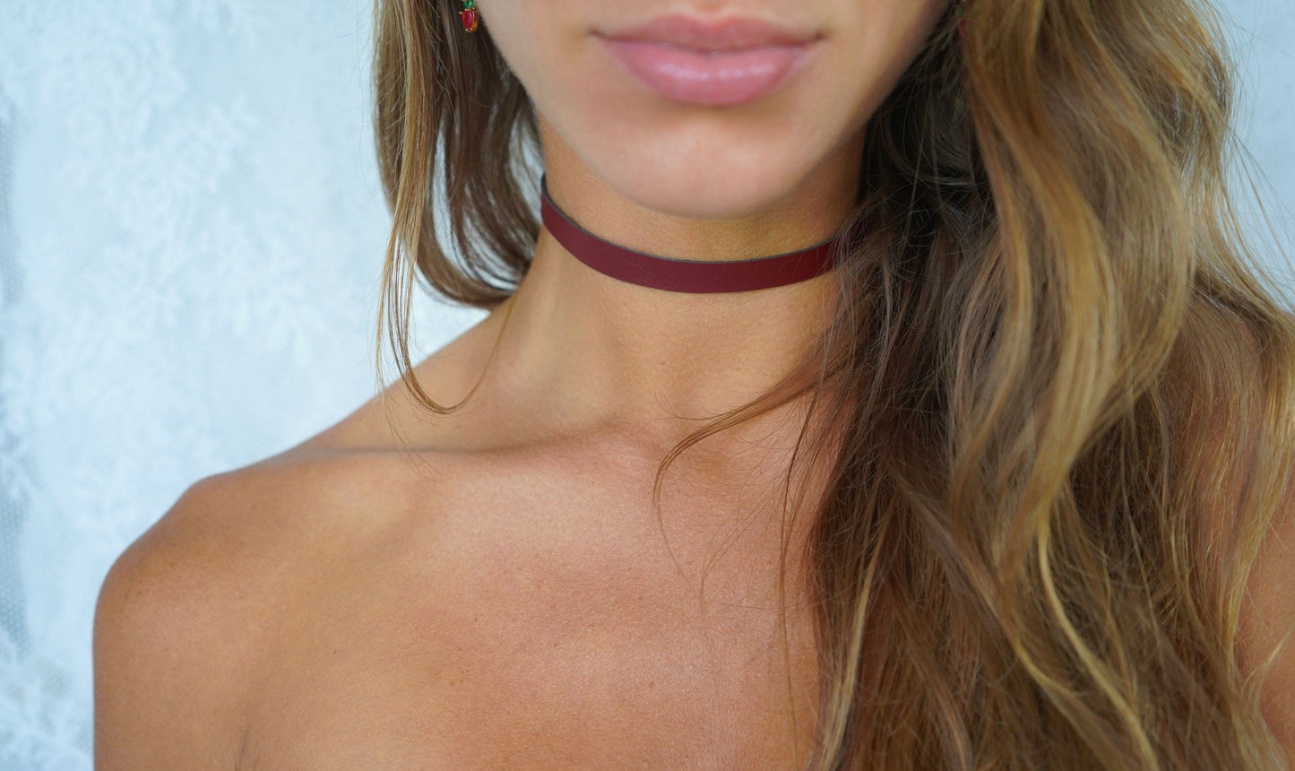 Burgundy Vegan Leather Choker • Ultra Comfortable Lined & Stretchy • 3/8ths Width Gothic Choker