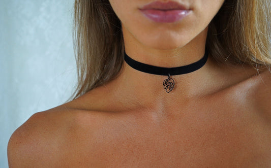 Leaf Charm Choker • Ultra Comfortable Stretch Velvet • Plant Lovers Monstera Necklace