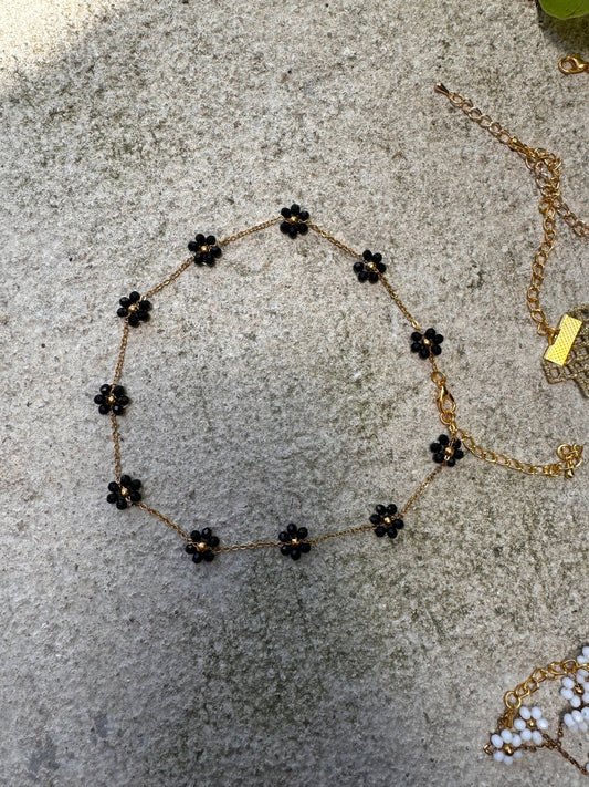 Black Beaded Flower Chain Choker