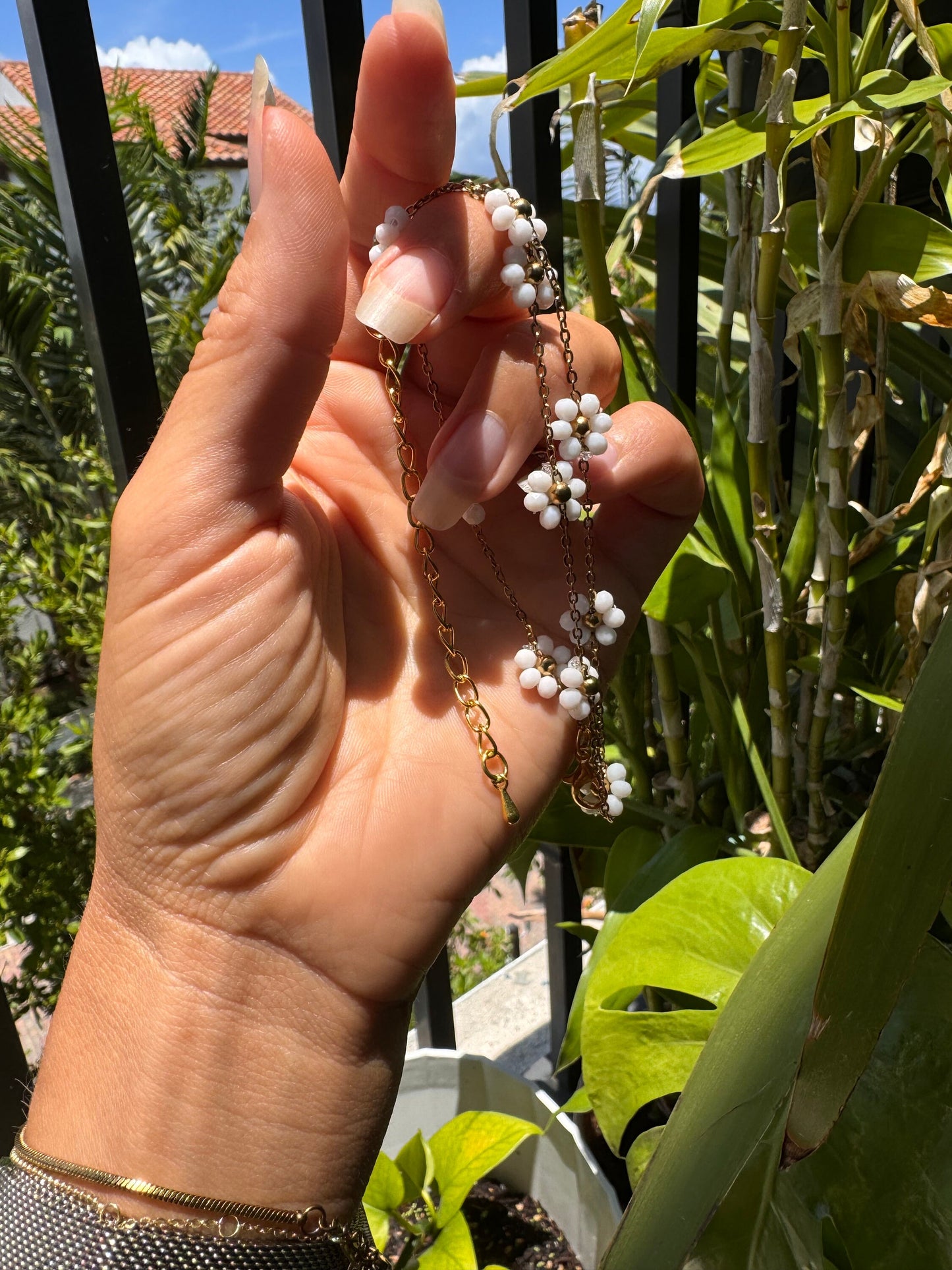 White Beaded Flower Chain Choker