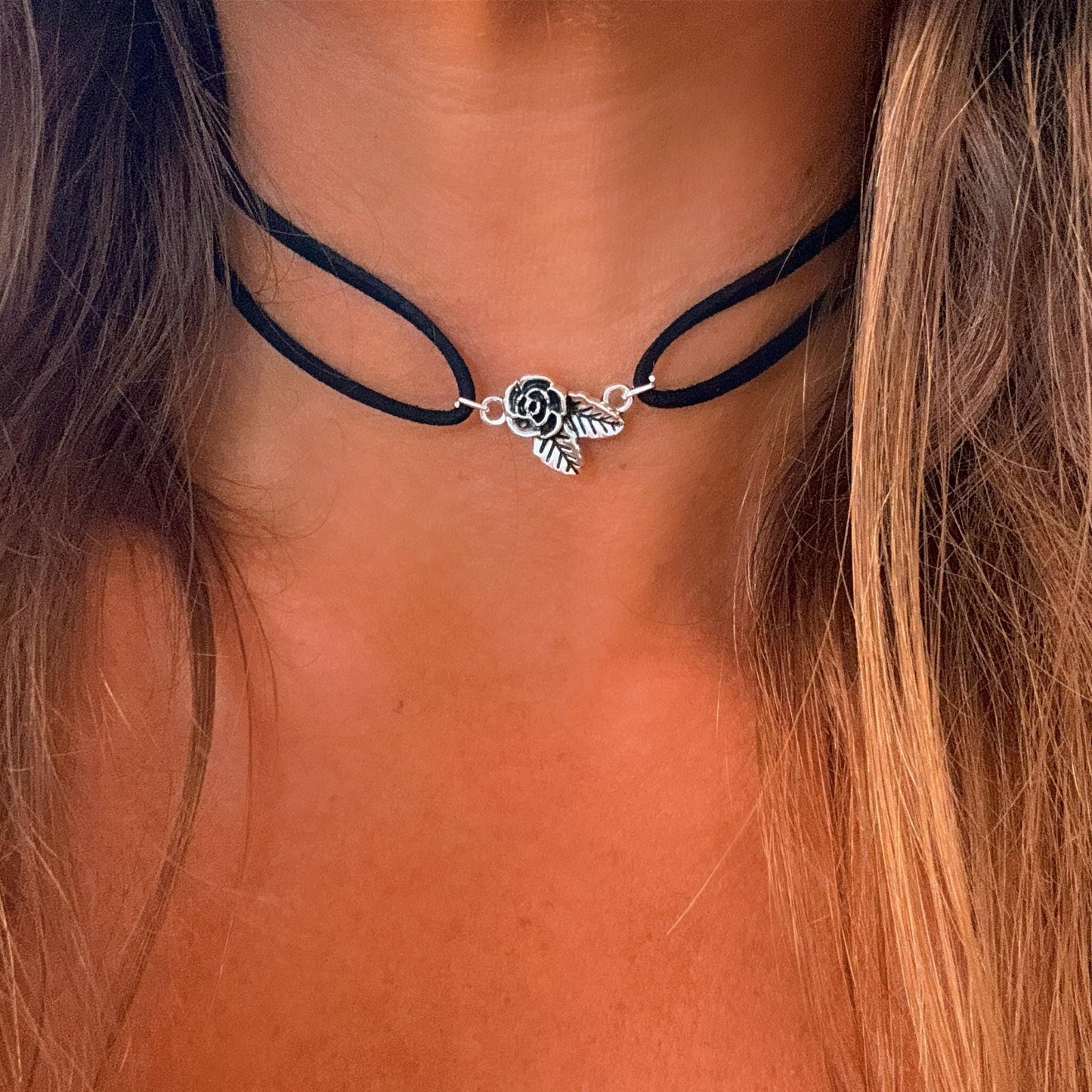 Layered Silver Rose Charm Choker