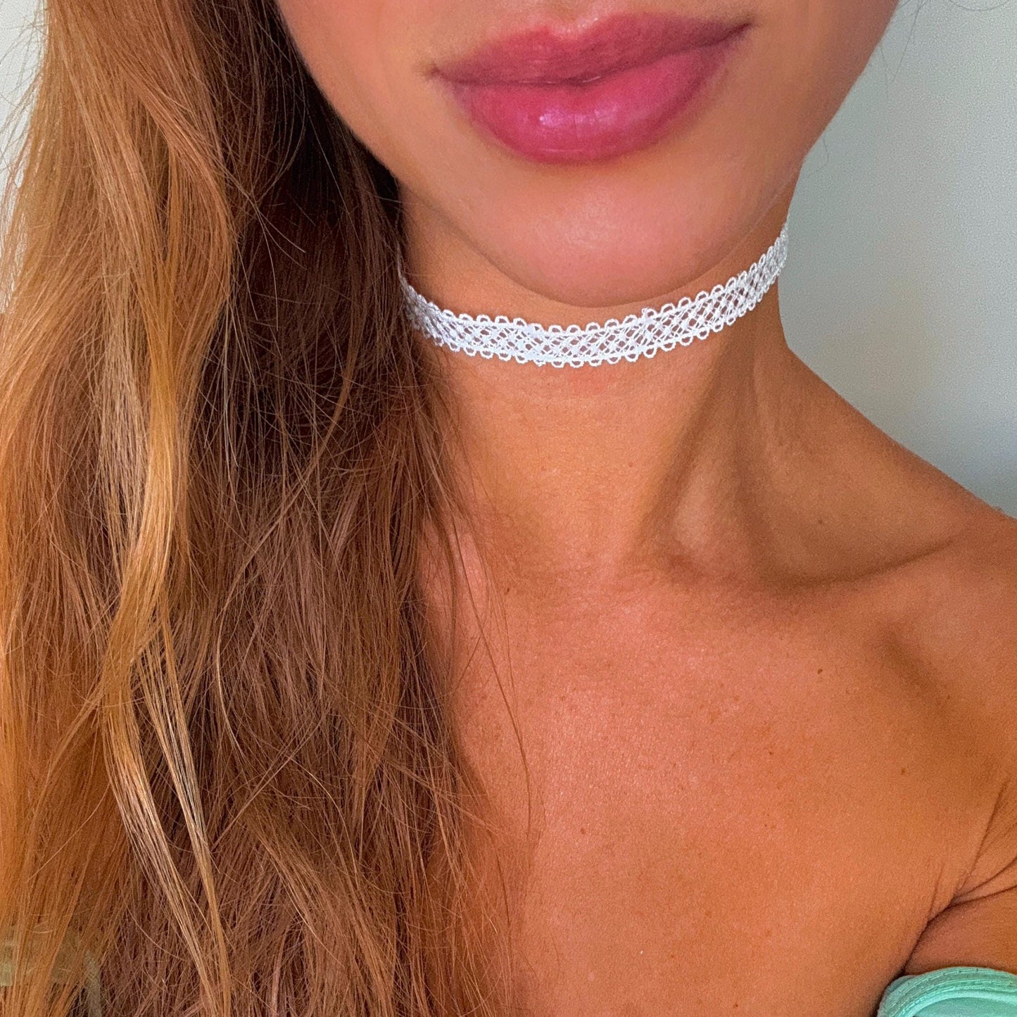 White Crosshatch Lace Choker