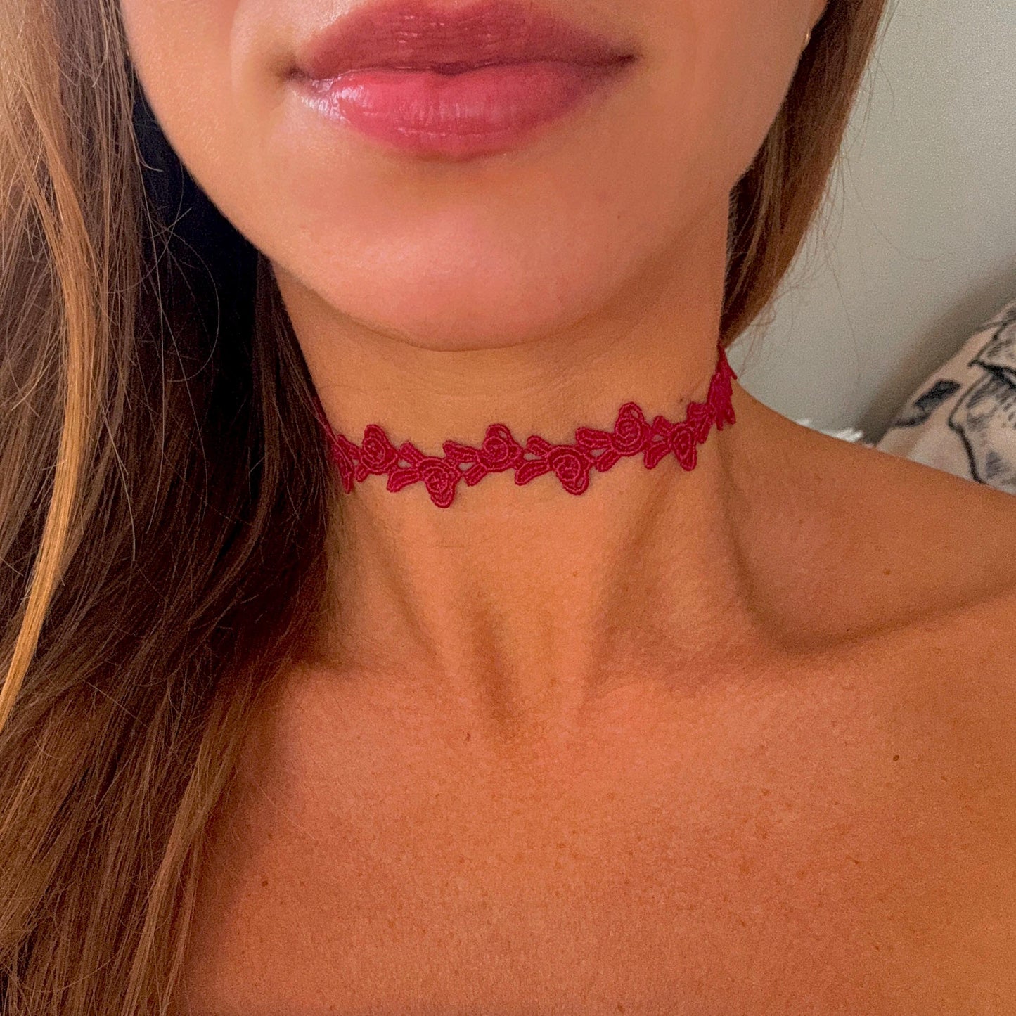 Dark Red Rose Lace Choker