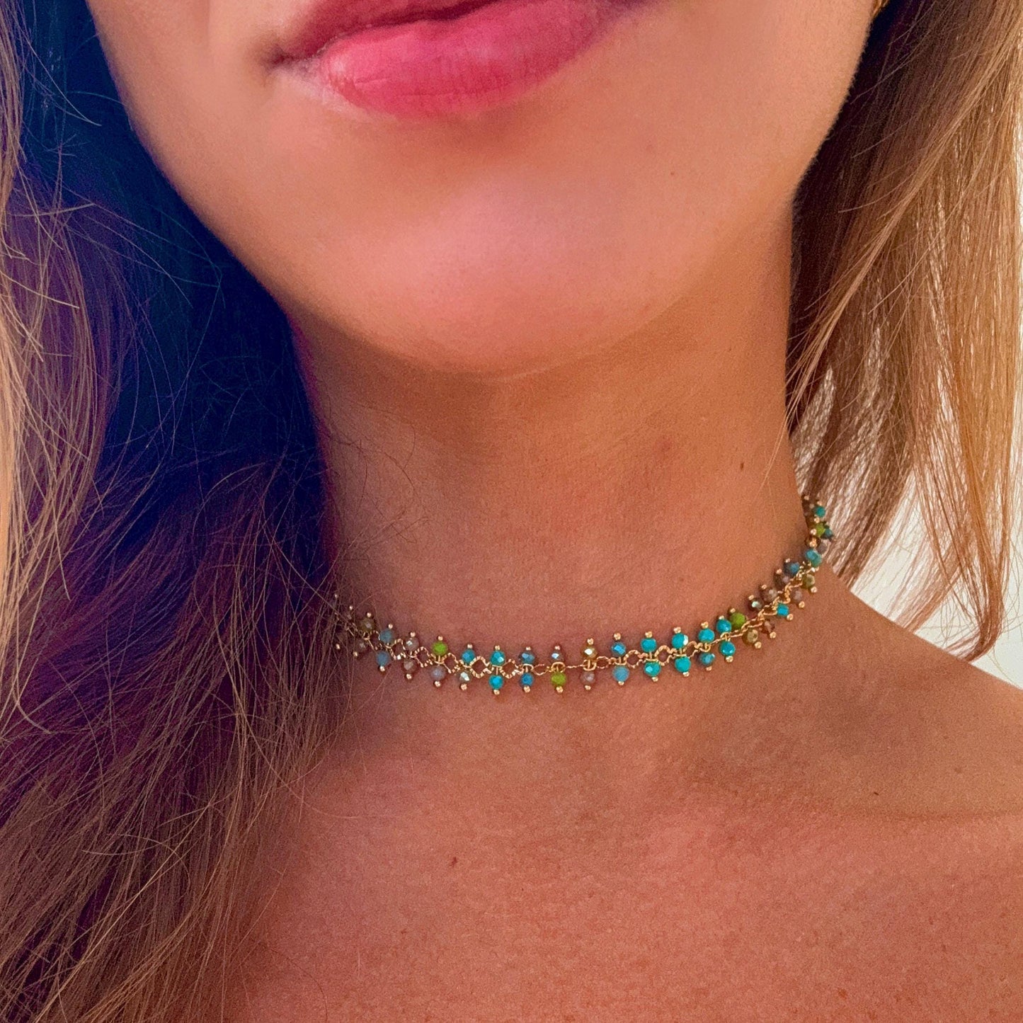 18K Gold Aqua Beaded Choker