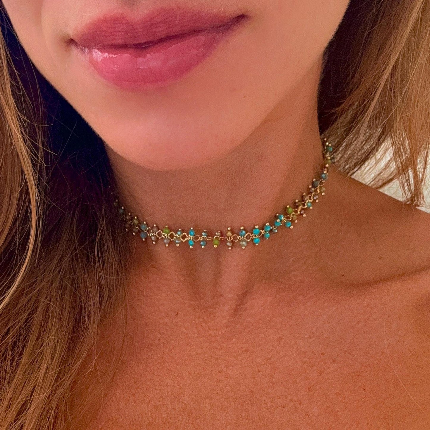 18K Gold Aqua Beaded Choker