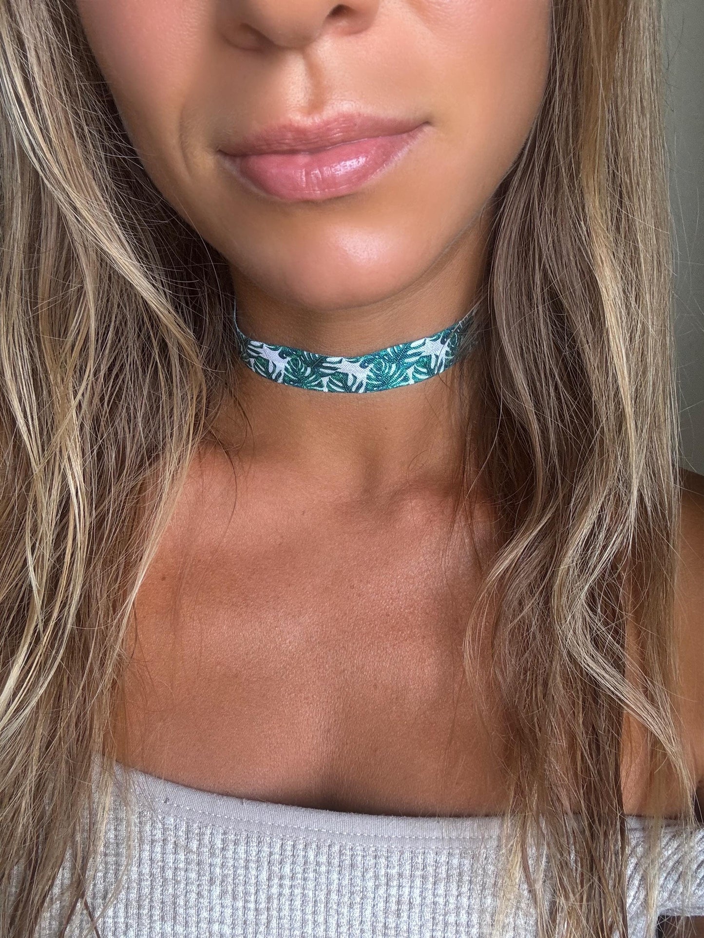 Monstera Leaf Pattern Elastic Choker • 5/8ths Inch Fun Girls Kids Plant Lovers Choker