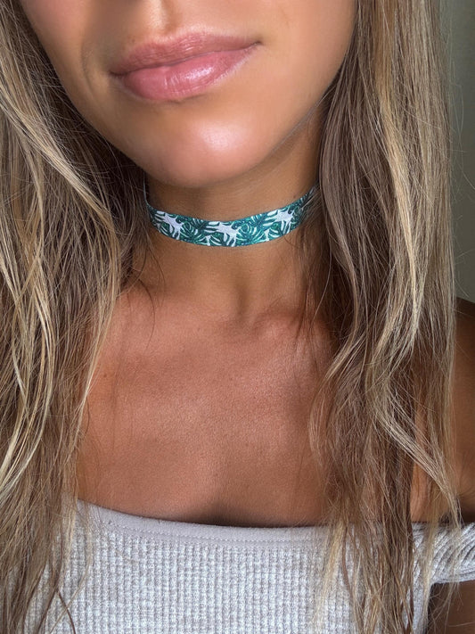 Monstera Leaf Pattern Elastic Choker • 5/8ths Inch Fun Girls Kids Plant Lovers Choker