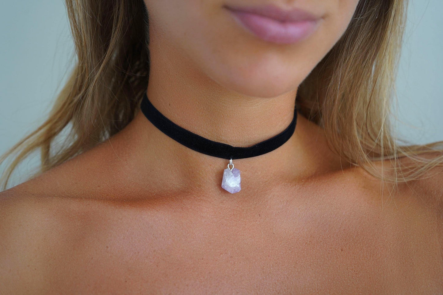 Amethyst Charm Choker • Ultra Comfortable Stretch Velvet With Healing Crystal