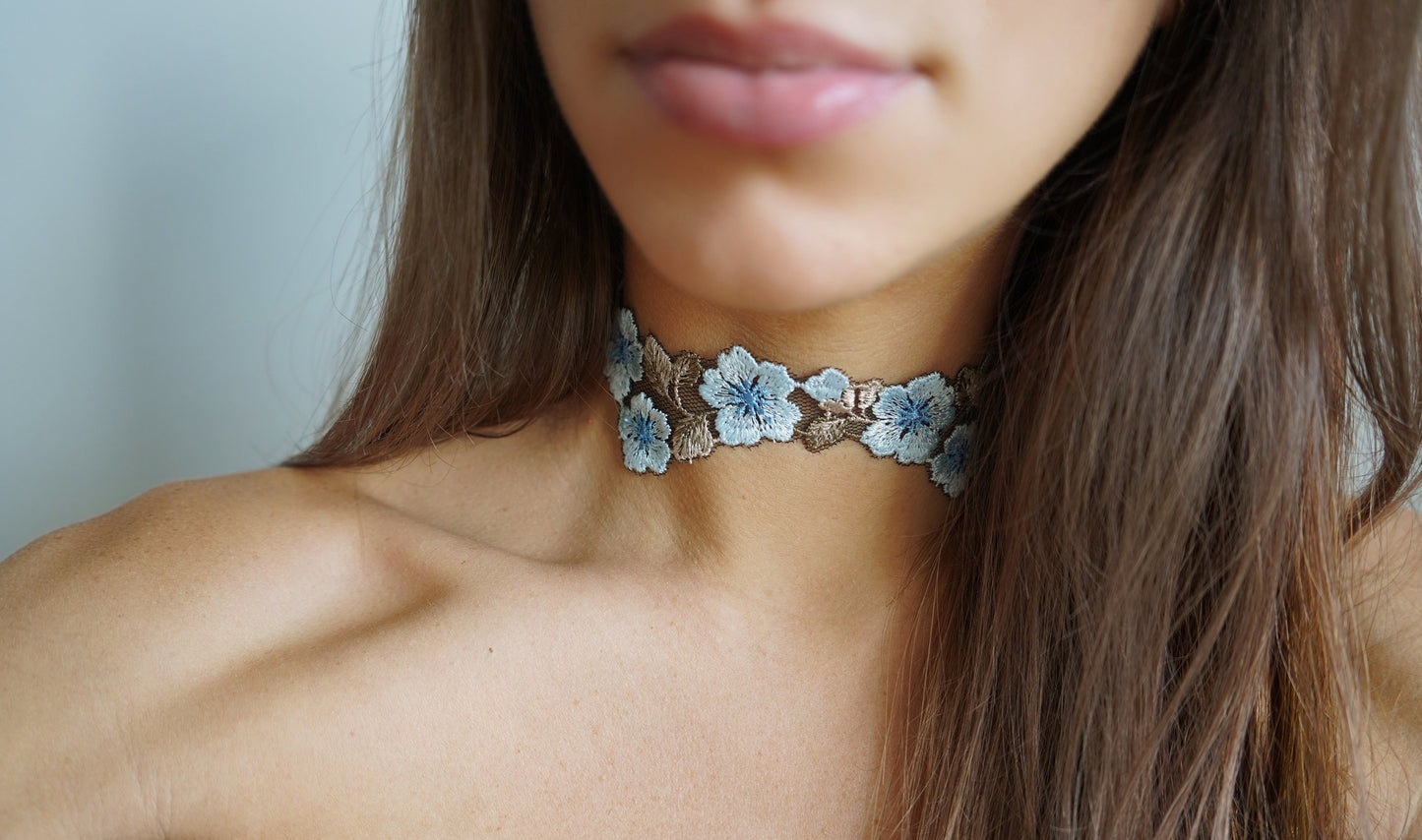 Blue Floral Embroidery Choker