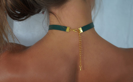 Forest Green Vegan Leather Choker  • Ultra Comfortable Lined & Stretchy  •  3/8ths Width Necklace