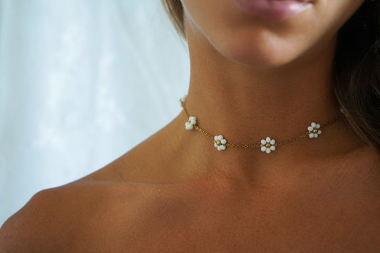 White Beaded Flower Chain Choker