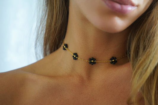 Black Beaded Flower Chain Choker