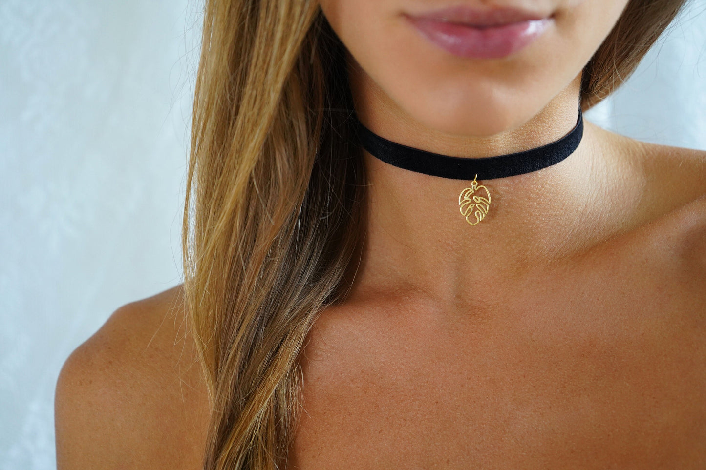 Leaf Charm Choker • Ultra Comfortable Stretch Velvet • Plant Lovers Monstera Necklace