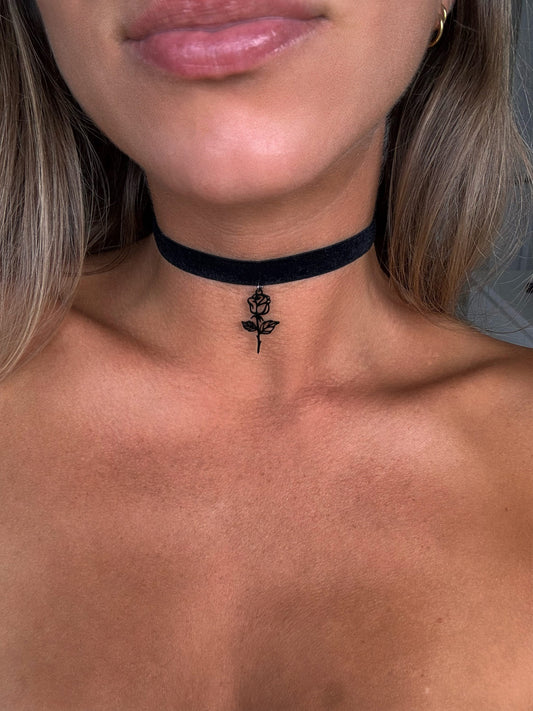 Black Rose Charm Velvet Choker • Ultra Comfortable Stretch Velvet