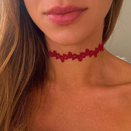 Dark Red Rose Lace Choker