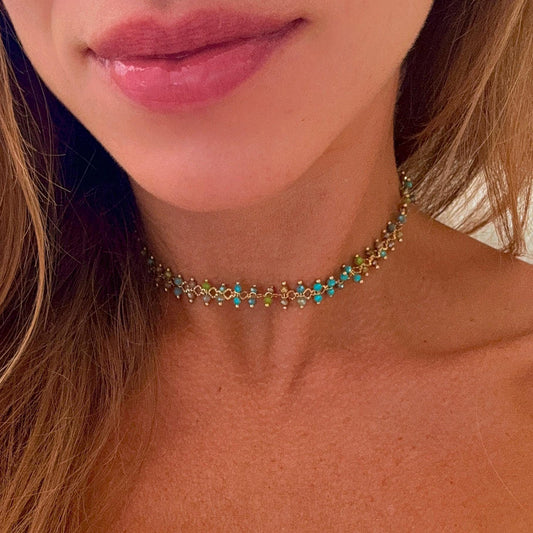 18K Gold Aqua Beaded Choker