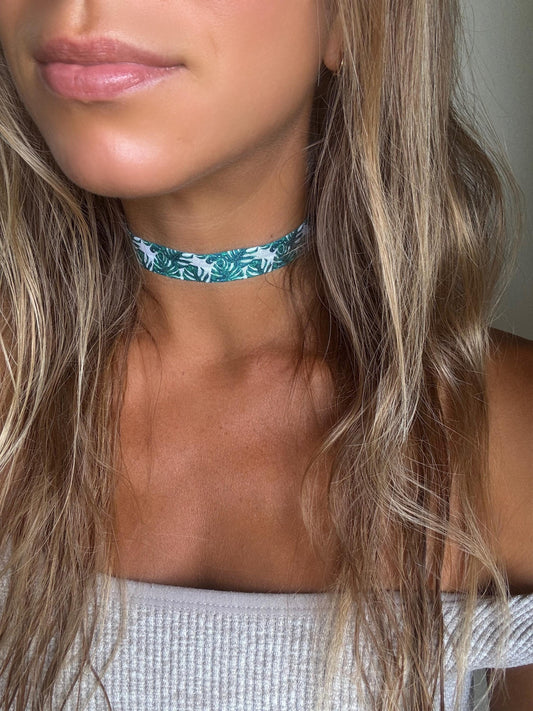 Monstera Leaf Pattern Elastic Choker • 5/8ths Inch Fun Girls Kids Plant Lovers Choker