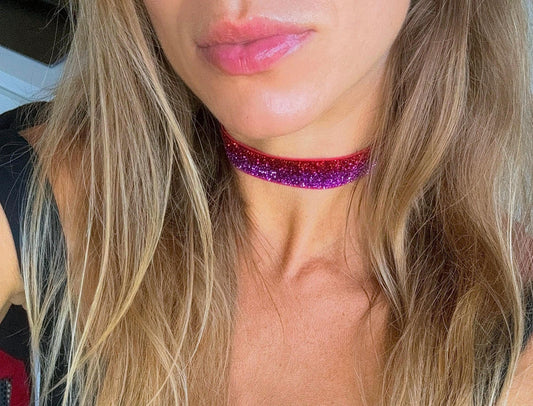 Red Purple Gradient Glitter Choker • 5/8ths Inch Width • Stretchy Elastic Necklace