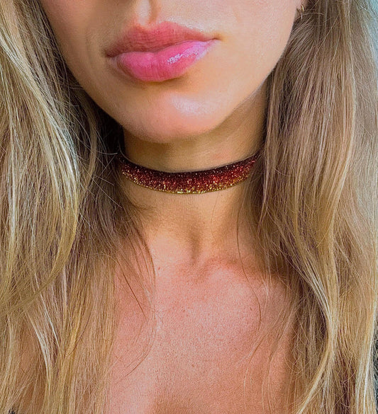 Golden Sunset Gradient Glitter Choker • 5/8ths Inch Width • Stretchy Elastic Necklace