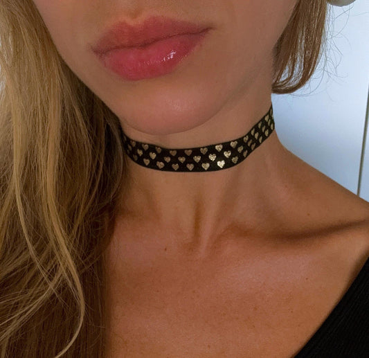Gold Hearts Pattern Elastic Choker • Fun Valentines Day Gift Necklace
